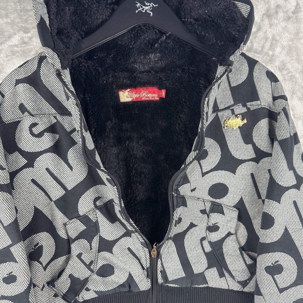 Vintage Apple‎ Bottoms AOP Logo Full Zip up Hoodie Womens Large Y2K Faux Fur